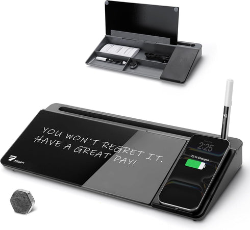TOWON Black Desk Dry Erase Board with Charger Pad, Small Glass Desktop Whiteboard for Home Office Supply, 17 x 6 in