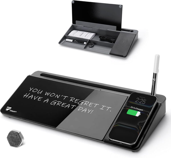 TOWON Black Desk Dry Erase Board with Charger Pad, Small Glass Desktop Whiteboard for Home Office Supply, 17 x 6 in