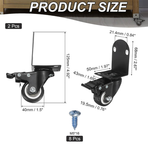 1.5" 2 PATIKIL Side Mount Casters with Brake Pcs L-Shaped Plate Swivel Wheel Bearing Rolling Caster for Furniture