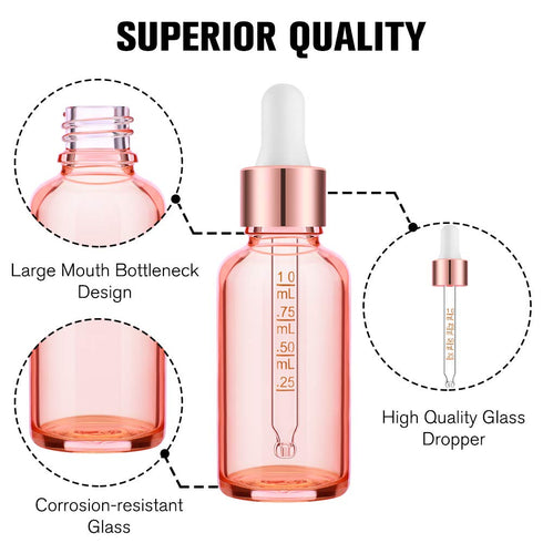 PrettyCare 1 oz Eye Dropper Bottle (24 Pack) Rose Glass Bottles with Measured Pipettes, Golden Caps & Labels
