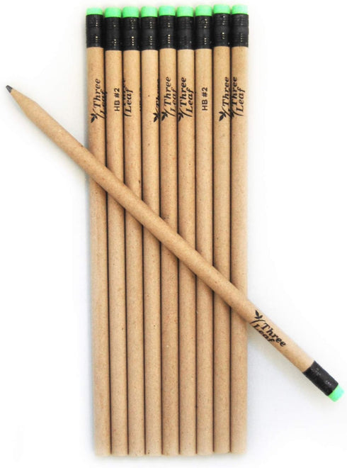 three leaf Recycled Paper Pencils, Pack of 10, Eco-Friendly, Non-Toxic Wood Free Pencil with Latex Free Eraser