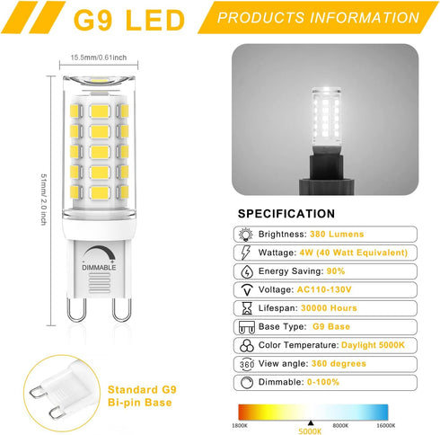YUIIP G9 LED Bulb Dimmable, 4W, 5000K Daylight White, Pack of 6, AC 120V G9 Bi Pin Base