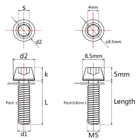 Titanium Ti Allen Hex M5x16 18mm Tapered Head Bolt with Washer, Pack of 6 (Gold)
