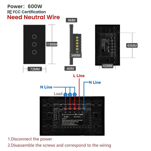 LOUYSGEN Hub,4.65 2.83 1.34 Inches Switch,110220V 50/60Hz,2.4GHz 3 Zigbee Smart Switch Neutral Wire Required Need