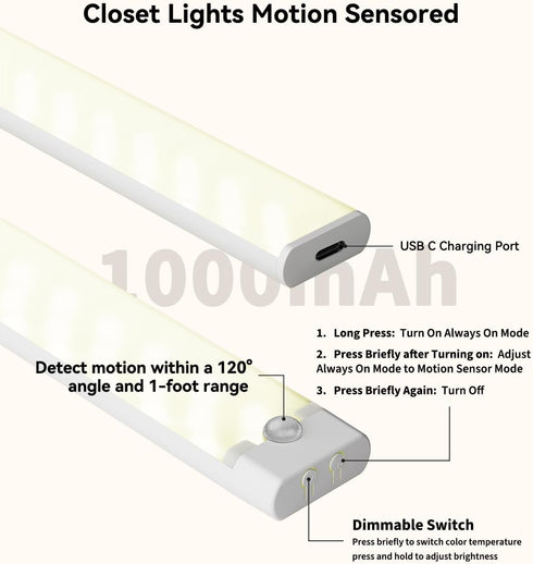 Rihvy 3 Packs 8 Inches, 3 Dimmable Closet Counter Under Cabinet Lighting with Charging Station Motion Sensor Light