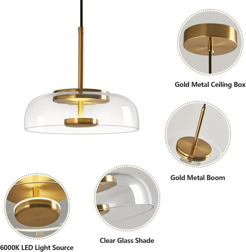 LBSQJ 6000K (8.85 1 Pack) Clear Glass Pendant Lights Kitchen Island Modern LED Pendant Light Fixtures Gold Finish