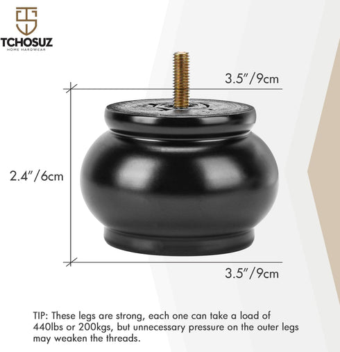 TCHOSUZ 2.4 inch 6cm Pack 4 M8 / Wooden Furniture Legs, of Classic Black Solid Wood Turned DIY Replacement Bun Feet
