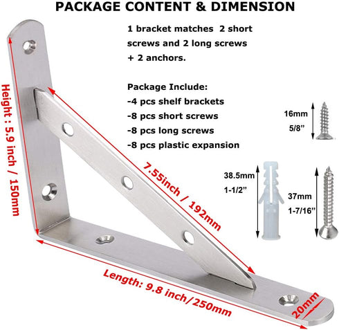 WSZD 10 inch 4 (10"x5.9"/250x150mm) A Shelf Brackets, Pieces of Stainless Steel Solid L Brackets, Heavy Duty Floating