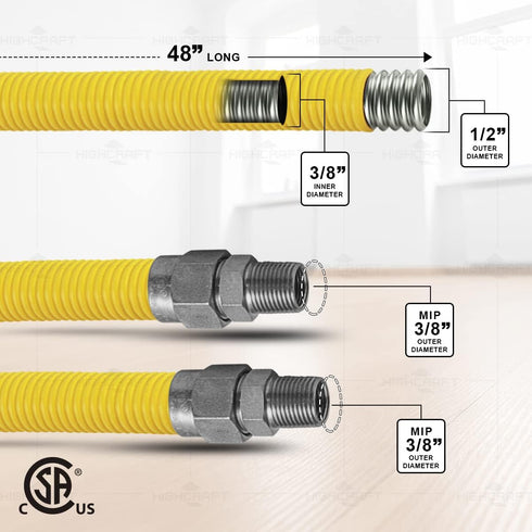 Gas Connector Kit 48 inch Yellow Coated Stainless Steel, 5/8 OD Flexible Gas Hose Connector for Gas Range, Furnace, Stove, 3/8 MIP x 3/8 MIP Stainless Steel Fittings, 48 Gas Appliance Supply Line by HIGHCRAFT