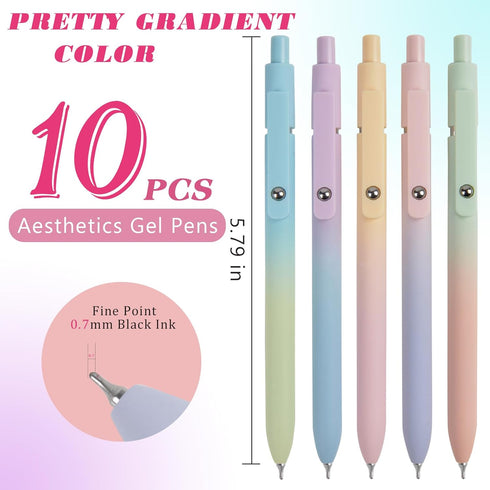 Gel Pens, 10 Pcs Black Ink Pens with Comfortable Silicone Grip, 0.7mm Fine Medium Point Cute Smooth Writing Pen, Aesthetic Gradient Color, Retractable Premium Quick Dry Office School Supplies by ChezMax