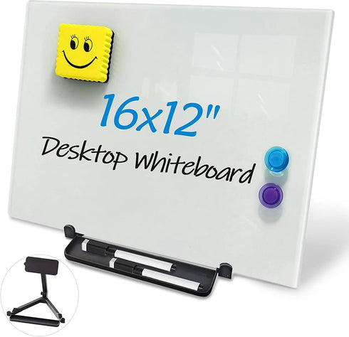 Magnetic Glass Whiteboard Desktop, 16x12" Tabletop Dry Erase Board with Adjustable Stand, Portable