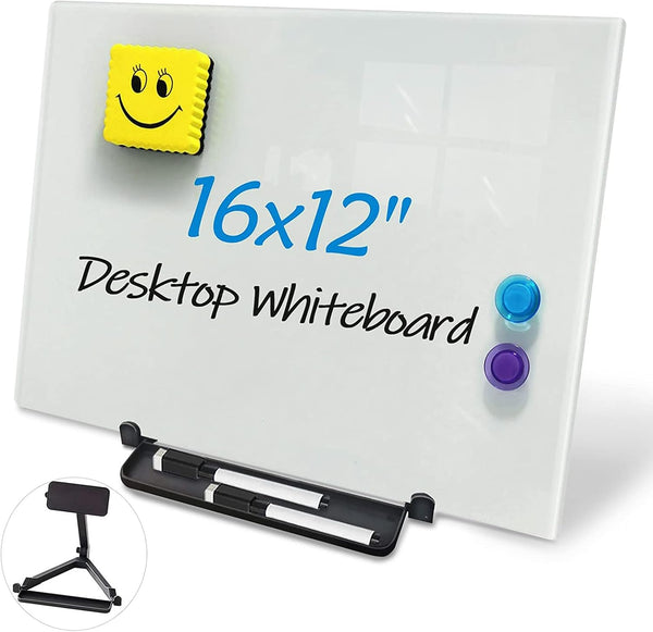 Magnetic Glass Whiteboard Desktop, 16x12" Tabletop Dry Erase Board with Adjustable Stand, Portable