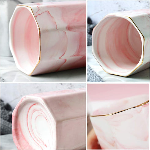 WAVEYU Pink Pen Holder for Girls, Marble Ceramic Pencil Cup, Desk Organizer Decor for Graduates, Makeup Brush Holder
