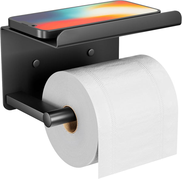 Wall Mounted Toilet Paper Holder with Phone Shelf, Adhesive Toilet Paper Roll Holder, Rustproof Bathroom Tissue Roll