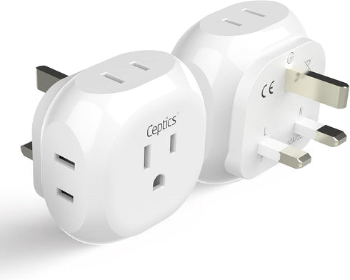 Ceptics US to UK Plug Adapter, Ultra Compact Power Adapter for USA to Type G Countries, 2 Pack