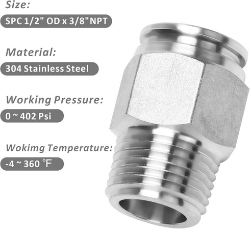 Push to Connect Fitting - 304 Stainless Steel Male Straight 1/2" Tube OD x 3/8" NPT Thread Pneumatic Push Lock Fitting (Pack of 5)