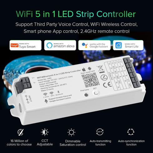 5in1 WB5 2.4GHz Dimming WR01RF WR02RF BTF-LIGHTING Tuya WiFi PWM LED Controller Compatible with Alexa/Google Home/Smart