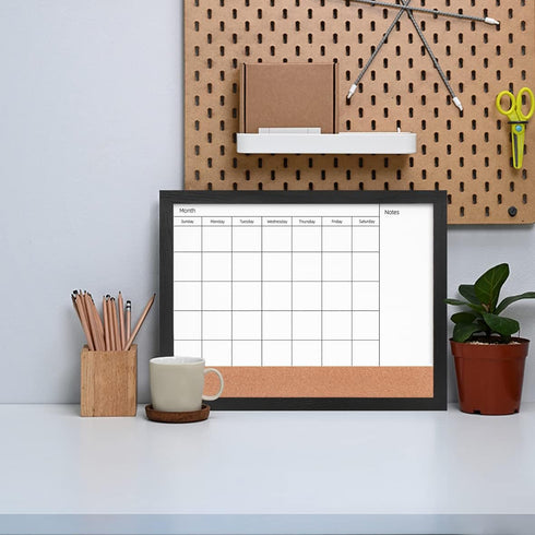 Monthly Calendar Dry Erase White Board & Cork Bulletin Board, 13" x 17" with Black Wood Frame