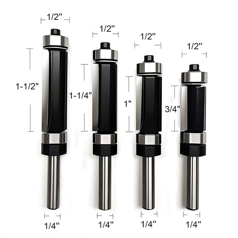 4Pcs 1/4 Trimming, Double Bearing Flush Trim Router Bit Shank, Top and Bottom Bearing, for Template & Pattern Routing