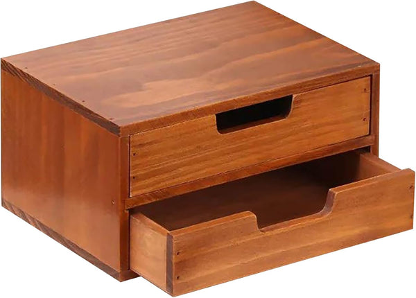 Double Drawer Desktop Storage Organizer, Modern Wood Design 2-Drawer Stackable Unit, Mahogany Wood