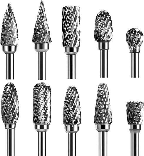Double Cut Carbide Rotary Burr Set, 10 Pcs, 1/8" Shank, 1/4" Head Length for Woodworking, Drilling, Metal Carving