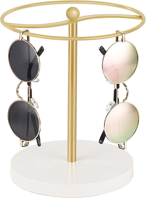 Mkono Sunglasses Organizer - Metal Frame with Wood Base for up to 12 Pairs of Eyewear Glasses, Gold
