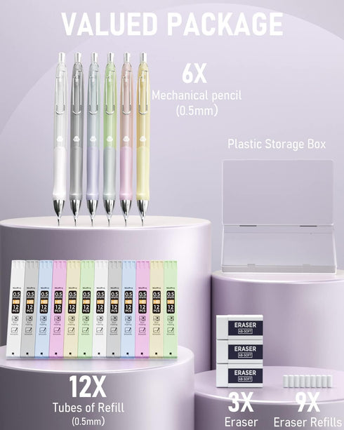 Nicpro 6PCS Pastel Mechanical Pencil Set, 0.5mm with Comfort Grip, 12 Tubes HB Lead Refill, 3 Erasers