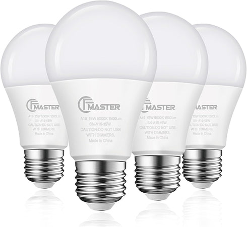 4 Pack A19 LED Light Bulbs, 100W Equivalent, 1500 Lumens, Daylight White 5000K, E26 Standard Base, Non-Dimmable