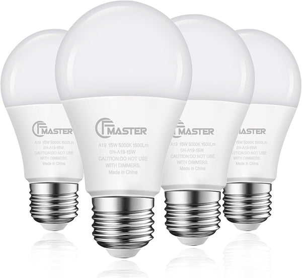 4 Pack A19 LED Light Bulbs, 100W Equivalent, 1500 Lumens, Daylight White 5000K, E26 Standard Base, Non-Dimmable