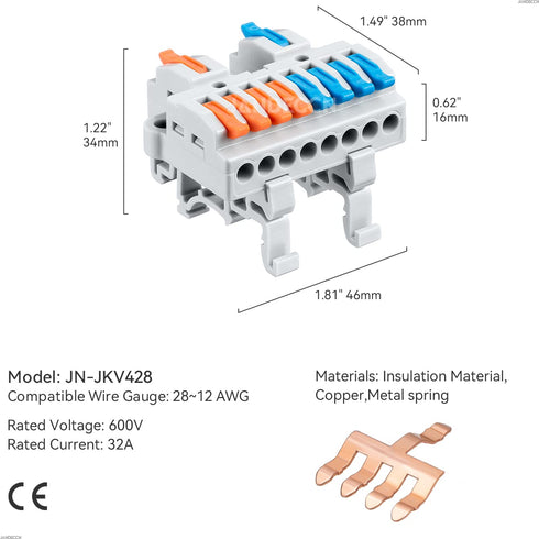 6pcs DIN Rail Terminal Blocks, DIY Splicing Wire Connectors for Circuit Inline 18-12AWG (2 in 8 out)