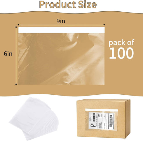 CLASSY Premium Clear 6'' x 9'' Packing List Envelopes, Self-Adhesive Shipping Label Sleeves, 100 Pack