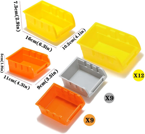 30-Bin Wall Mounted Storage Bins Kit, Tool Organizer Rack, Garage Hardware Organizer, Parts Storage Bins, DIY