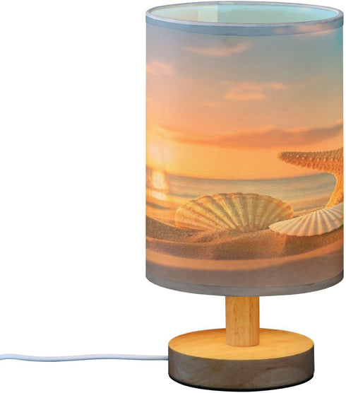 Summer Sunset Bedside Lamp Starfish Shells Beach Table Lamp for Bedroom LED Nightstand Lamp Shade USB Ports Wood Base