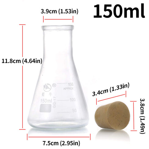 Glass Erlenmeyer Flask Set, Graduated Borosilicate Glass (250 ml, 150 ml & 50 ml) with Rubber Stoppers