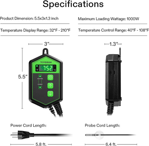 VIVOSUN Digital Heat Mat Thermostat Temperature Controller, 40–108 ºF 1000W for Reptiles, Seedlings, Germination