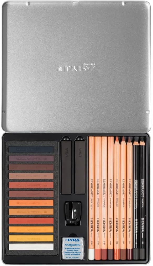 Lyra Metal Box of Pastels and Sketching Pencils - Brown Tones + Accessories, 25 Pieces