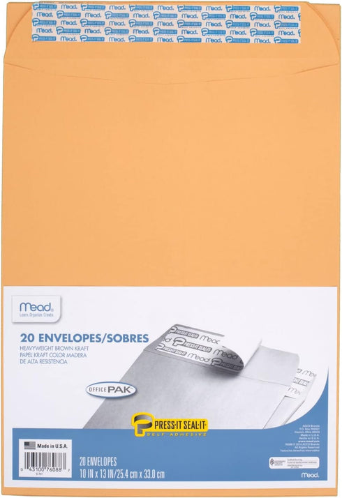 Mead Press-It Seal-It Envelopes, 10 x 13 Inches, Office Pack 20 Count (76088)