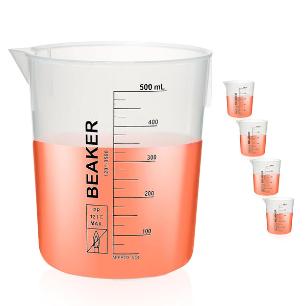 4 Pcs Autoclavable Plastic Beaker Set, 500ml (16.9oz) Black Graduated Beakers with Dump Spout and Stacked Side Ribs,