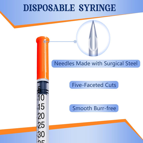 0.5mL 30G 5/16 Inch Syringe with Needle, 0.5cc 30 Gauge 8mm, Individually Wrapped, Pack of 100