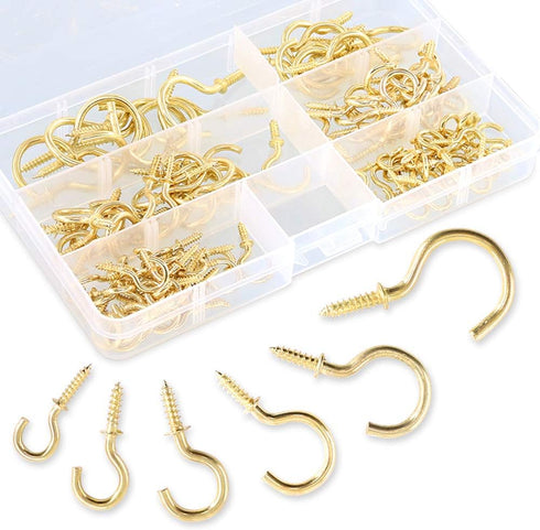 120Pcs Metal Screw-in Ceiling Hooks Kit, 6 Sizes, Gold Self-Tapping Cup Hooks for Home/Workplace/Office
