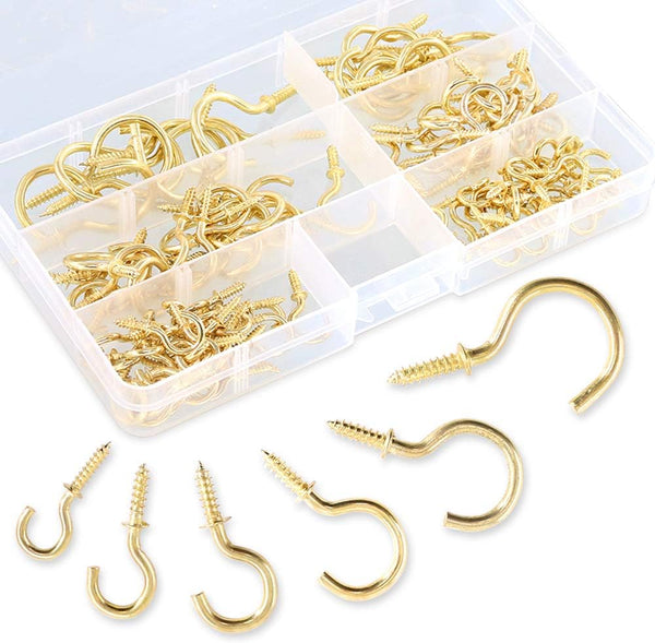 120Pcs Metal Screw-in Ceiling Hooks Kit, 6 Sizes, Gold Self-Tapping Cup Hooks for Home/Workplace/Office