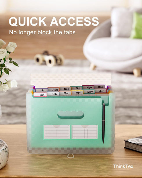 ThinkTex 12 Pockets Accordian File Organizer, Portable Monthly Bill Receipt Holder, Letter/A4 Size - Green