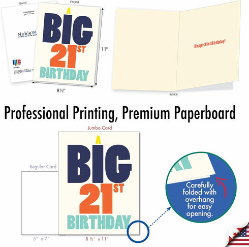 NobleWorks Jumbo 21st Birthday Card, 8.5 x 11 Inch Milestone Notecard with Envelope