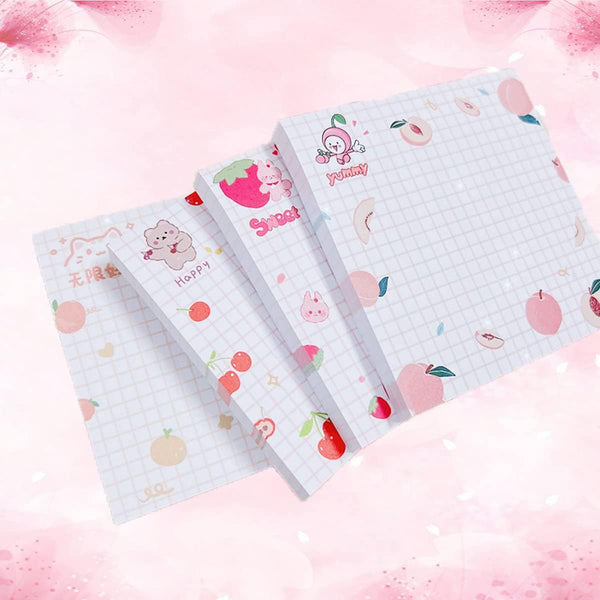 Cute Sticky Notes 4Pack (320 sheets), Kawaii 3.1x3.1in Self-Stick Note Pads with Unique Fruit Patterns