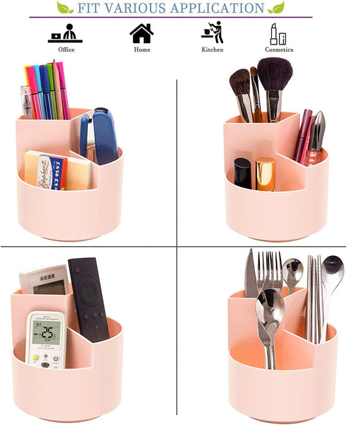 Desk Pencil Pen Holder, 3 Slots 360-Degree Rotating Organizer for Home, Office, School, Kids, Peach Pink