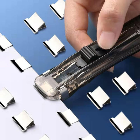 Push Stapler, Binder Clips Paper Clamps Desktop Stapler with 50pcs Reusable Stainless Steel Refill Clips