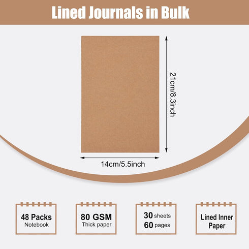 EOOUT 48 Pack A5 Lined Kraft Notebooks, 30 Sheets, 60 Pages, Travel Journals for School Office