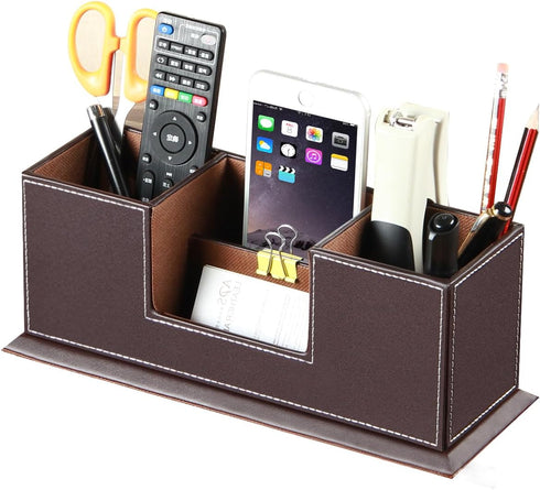 PUSU Desk Pencil Holder - PU Leather Pen Holder for Desk, Multifunctional Organizer with 4 Compartments