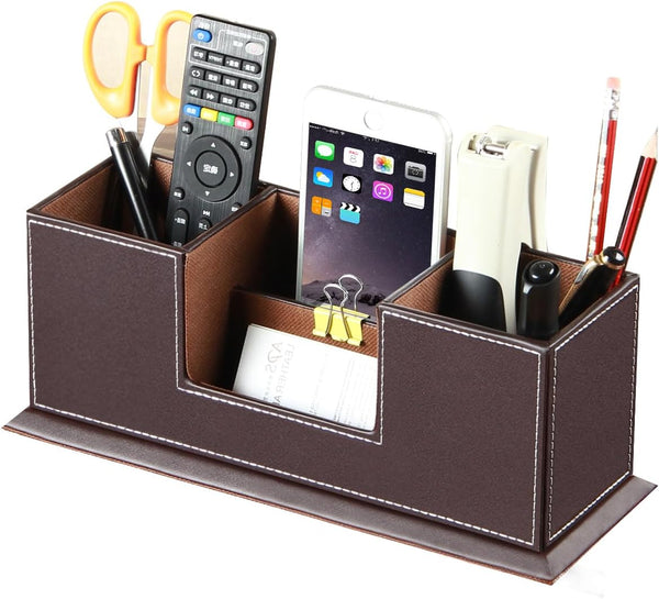PUSU Desk Pencil Holder - PU Leather Pen Holder for Desk, Multifunctional Organizer with 4 Compartments
