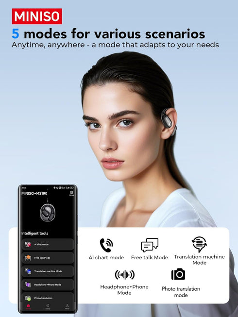 MS190 135 6.0, 60Hrs MINISO Language Translator Earbuds, AI Translation Earbuds Real Time with Languages, Bluetooth LED